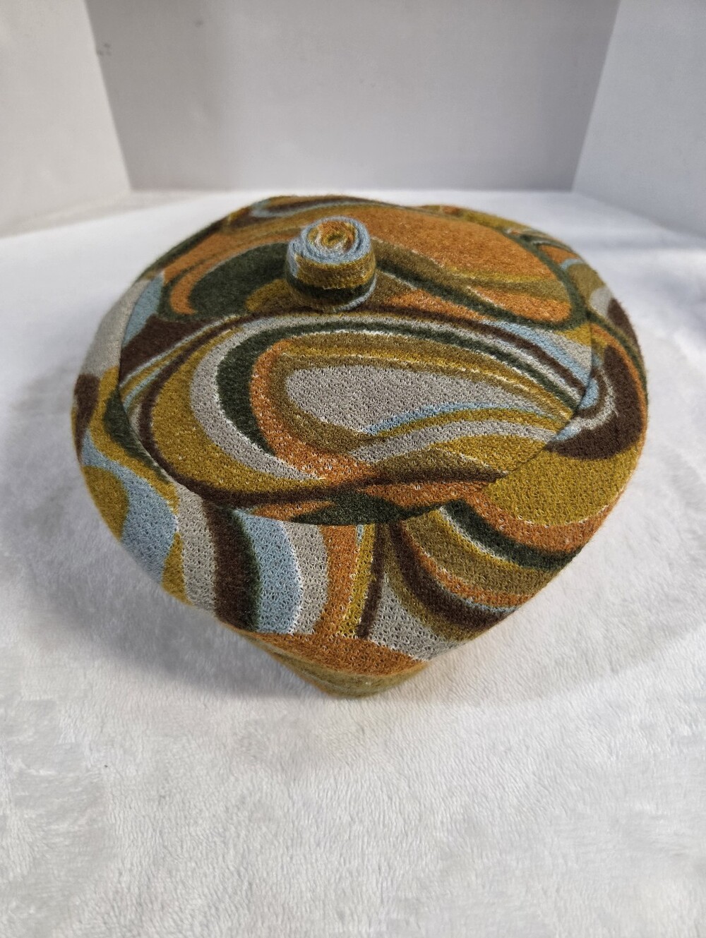 Vintage 1960s Swirl Wool Hat In Mustard, Olive & Sky